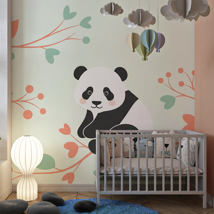Tapet barnerom | Søt panda på blomstrende grener