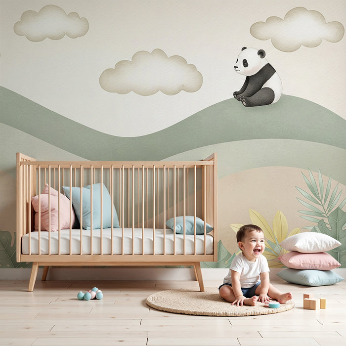 Papier peint chambre bébé | Panda mignon sur des collines douces