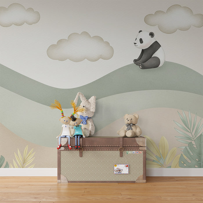 Papier peint chambre bébé | Panda mignon sur des collines douces