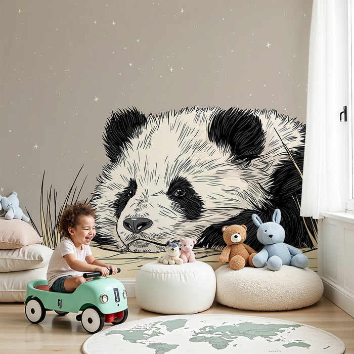 Babyzimmer Tapete | Niedlicher Panda auf neutralem Hintergrund mit glitzernden Sternen