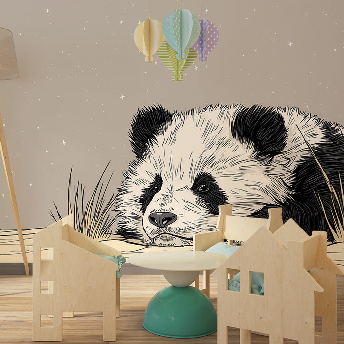 Babyzimmer Tapete | Niedlicher Panda auf neutralem Hintergrund mit glitzernden Sternen