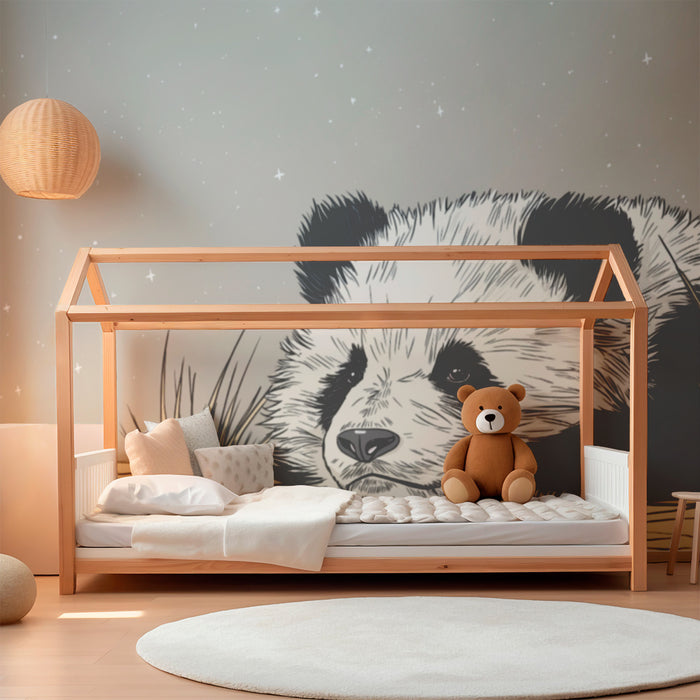 Babyzimmer Tapete | Niedlicher Panda auf neutralem Hintergrund mit glitzernden Sternen