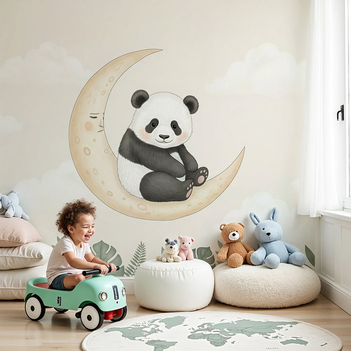 Papier peint chambre bébé | Panda mignon sur la lune
