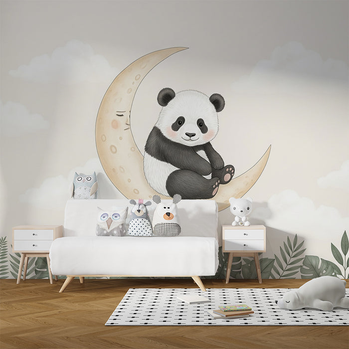 Papier peint chambre bébé | Panda mignon sur la lune