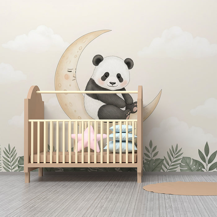Papier peint chambre bébé | Panda mignon sur la lune