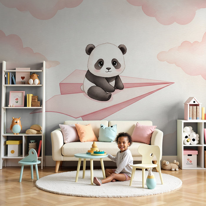 Papier peint chambre bébé | Panda mignon sur un avion en papier