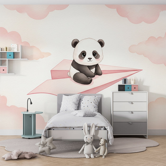 Papier peint chambre bébé | Panda mignon sur un avion en papier