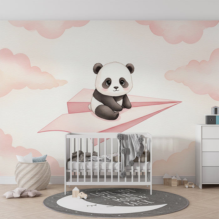 Papier peint chambre bébé | Panda mignon sur un avion en papier