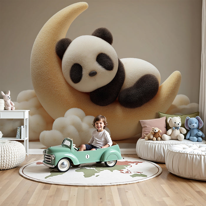 Babyzimmer Tapete | Niedlicher Panda auf einem Mondcroissant mit kuscheligen Wolken
