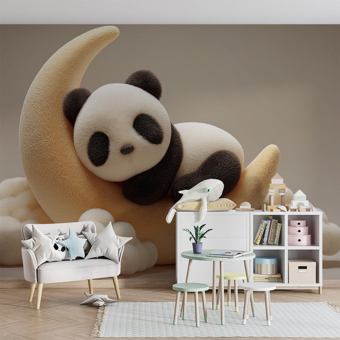 Babyzimmer Tapete | Niedlicher Panda auf einem Mondcroissant mit kuscheligen Wolken