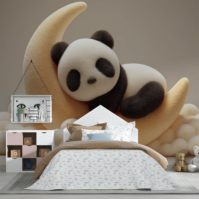 Babyzimmer Tapete | Niedlicher Panda auf einem Mondcroissant mit kuscheligen Wolken
