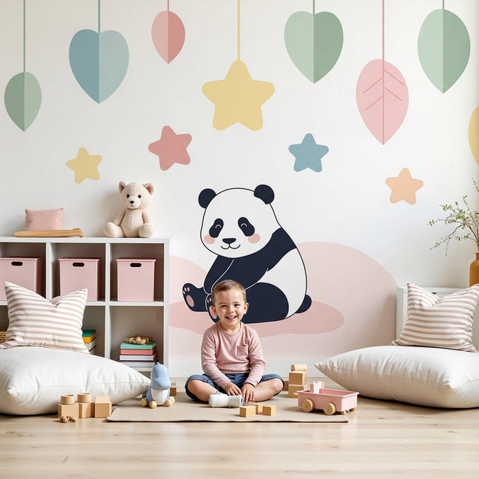 Babyzimmer Tapete | Niedlicher Panda auf einer Wolke mit bunten Sternen und Blättern