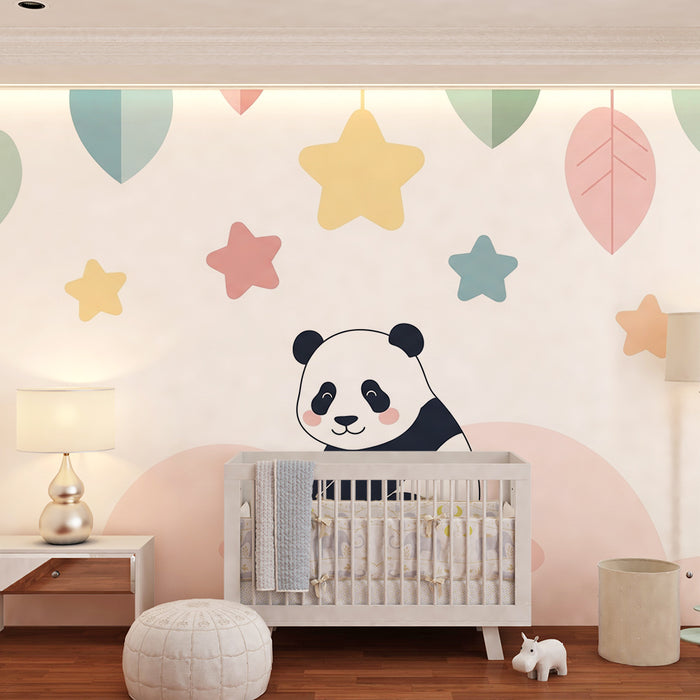 Babyzimmer Tapete | Niedlicher Panda auf einer Wolke mit bunten Sternen und Blättern