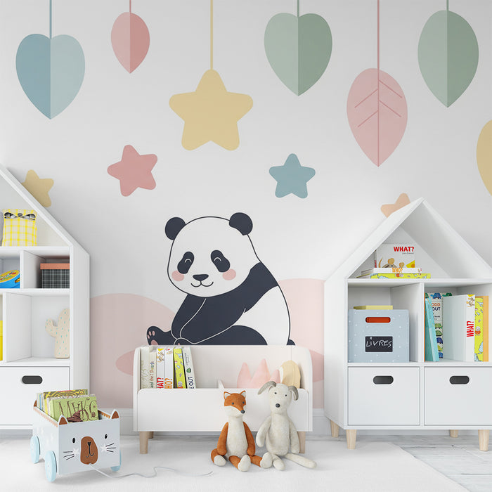 Babyzimmer Tapete | Niedlicher Panda auf einer Wolke mit bunten Sternen und Blättern