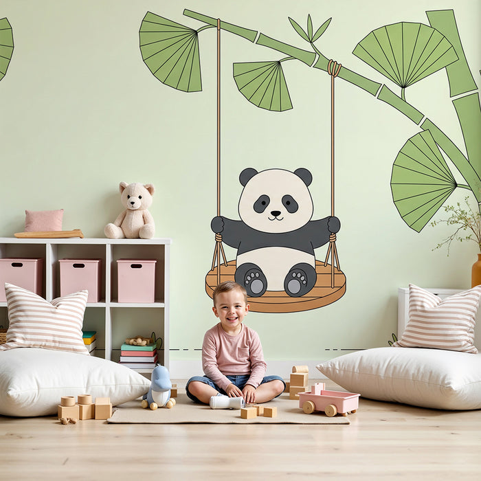 Barnrumspapper | Gullig panda på en gunga omgiven av lövverk