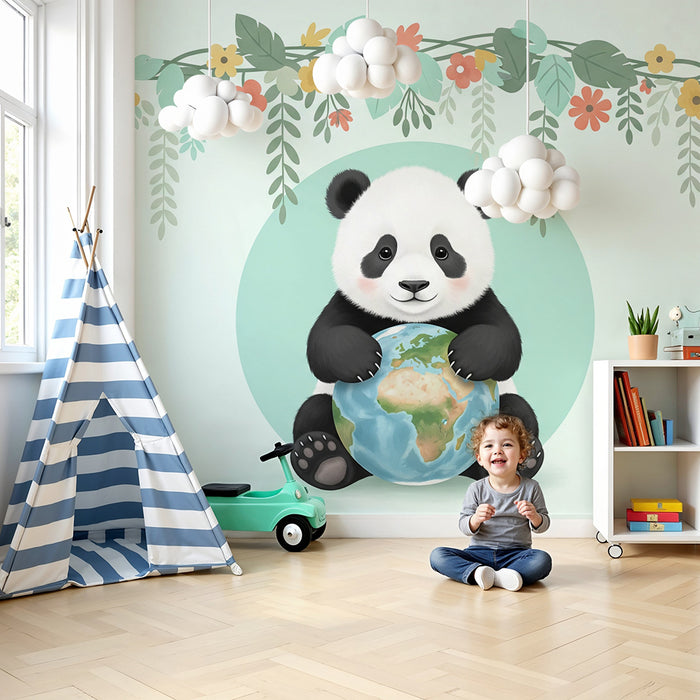 Tapety dla dzieci | Uroczy panda trzymający kulę ziemską otoczoną kwiatami
