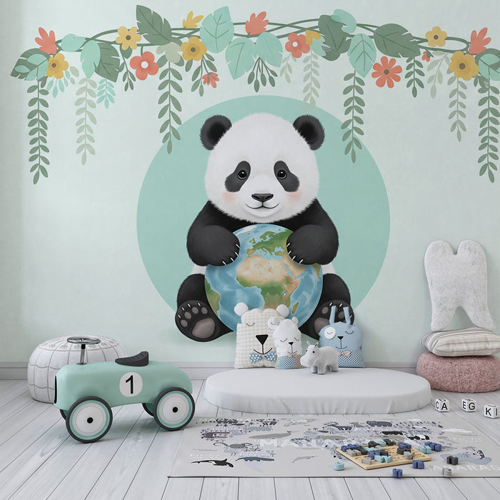Tapety dla dzieci | Uroczy panda trzymający kulę ziemską otoczoną kwiatami
