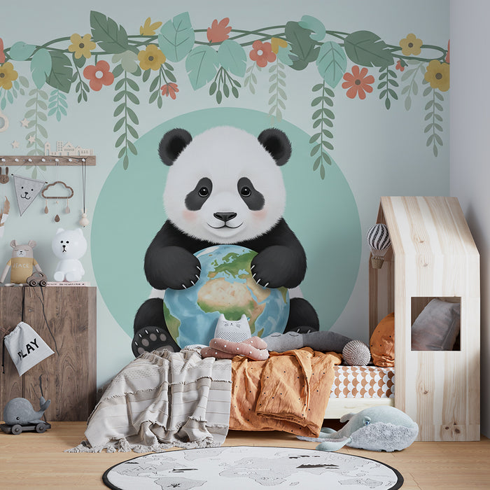 Tapety dla dzieci | Uroczy panda trzymający kulę ziemską otoczoną kwiatami