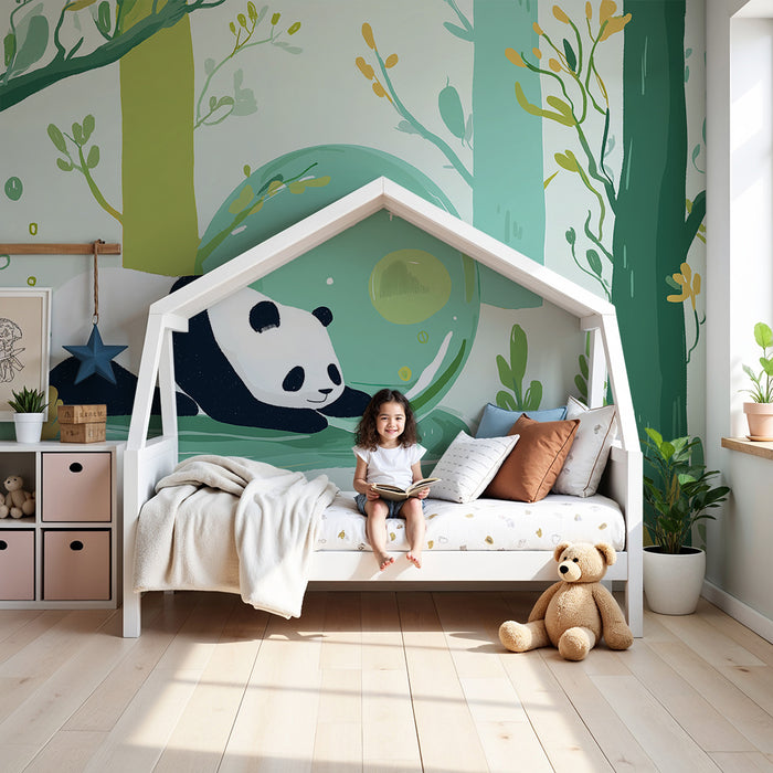 Babyzimmer Tapete | Friedlicher Panda in einem verzauberten Wald