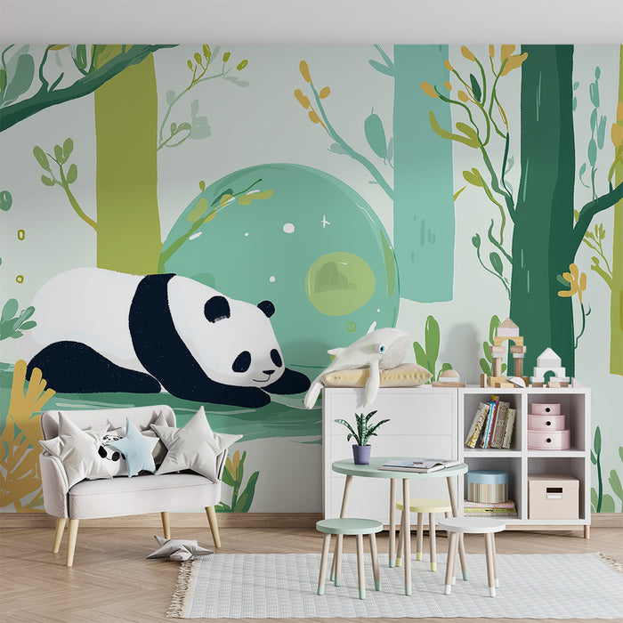 Babyzimmer Tapete | Friedlicher Panda in einem verzauberten Wald