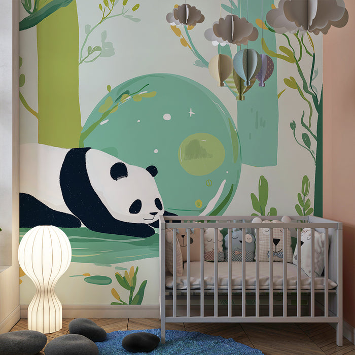 Babyzimmer Tapete | Friedlicher Panda in einem verzauberten Wald