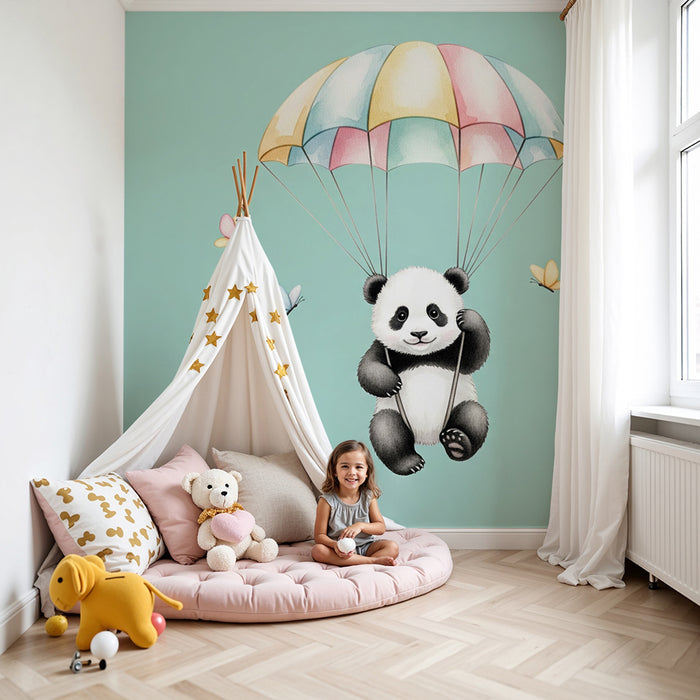 Papier peint chambre bébé | Panda pétillant en parachute
