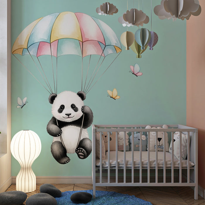 Papier peint chambre bébé | Panda pétillant en parachute
