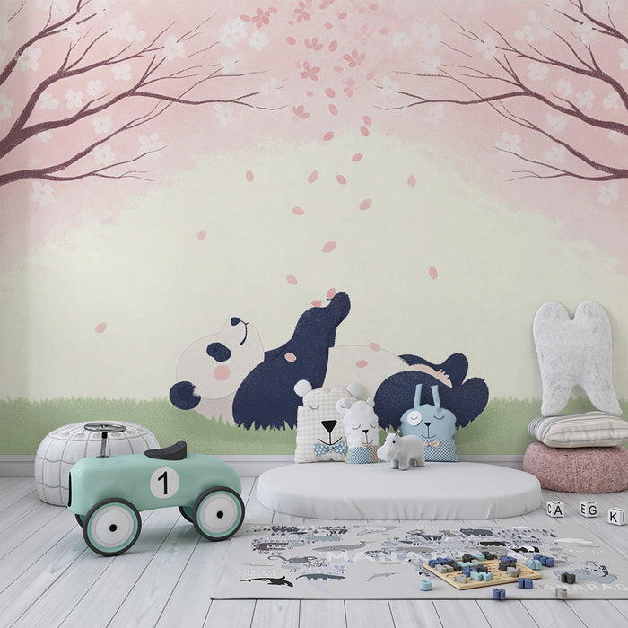 Papier peint chambre bébé | Panda relaxant sous les cerisiers en fleurs