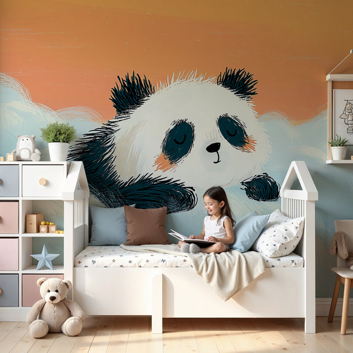 Papier peint chambre bébé | Panda rêvant dans les nuages