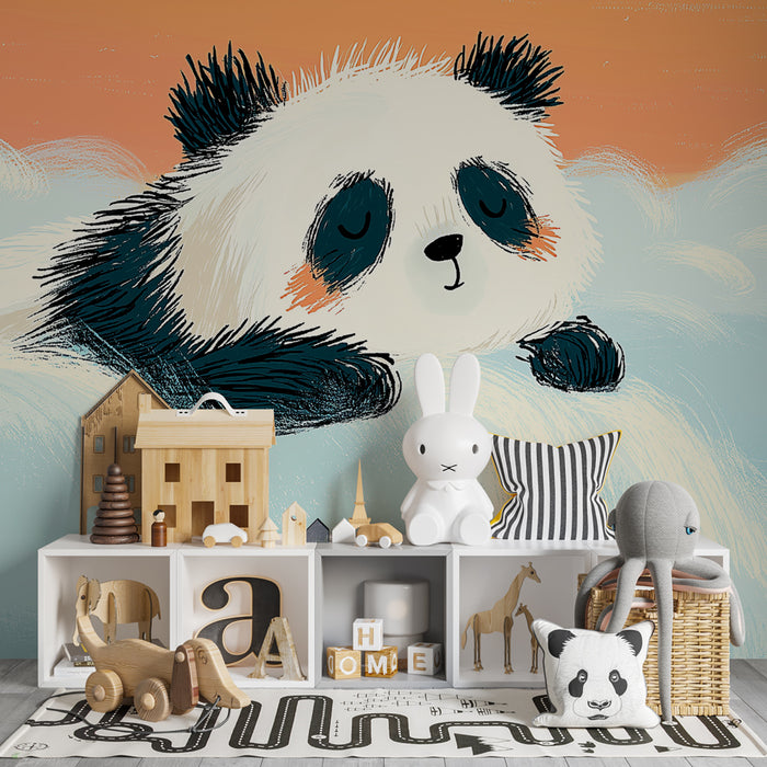 Papier peint chambre bébé | Panda rêvant dans les nuages