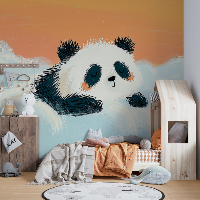 Papier peint chambre bébé | Panda rêvant dans les nuages
