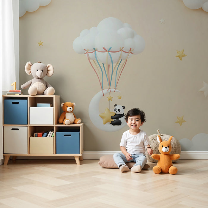 Papel de parede para quarto de bebé | Panda sonhador num céu estrelado com nuvens suaves