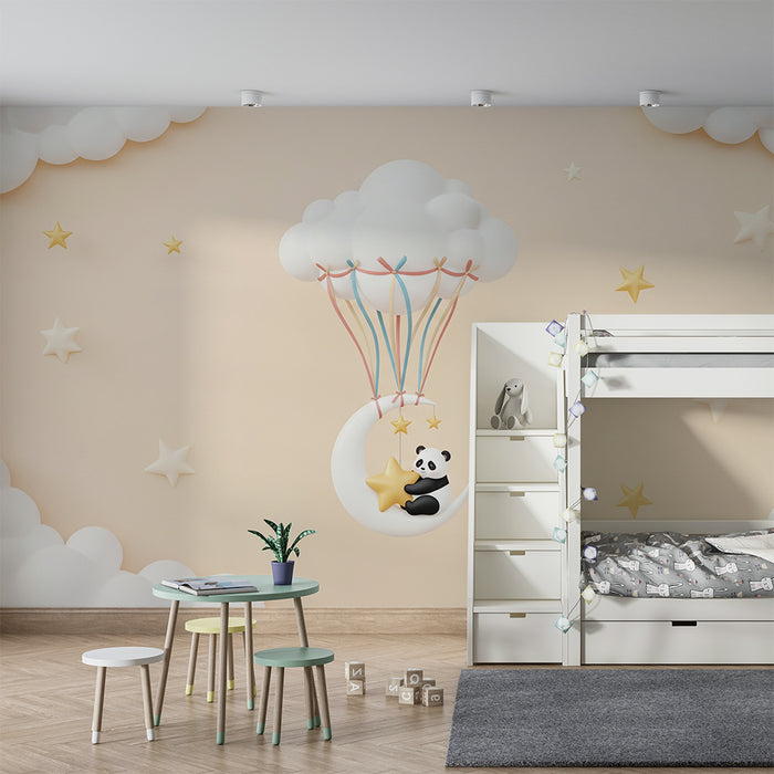 Papel de parede para quarto de bebé | Panda sonhador num céu estrelado com nuvens suaves