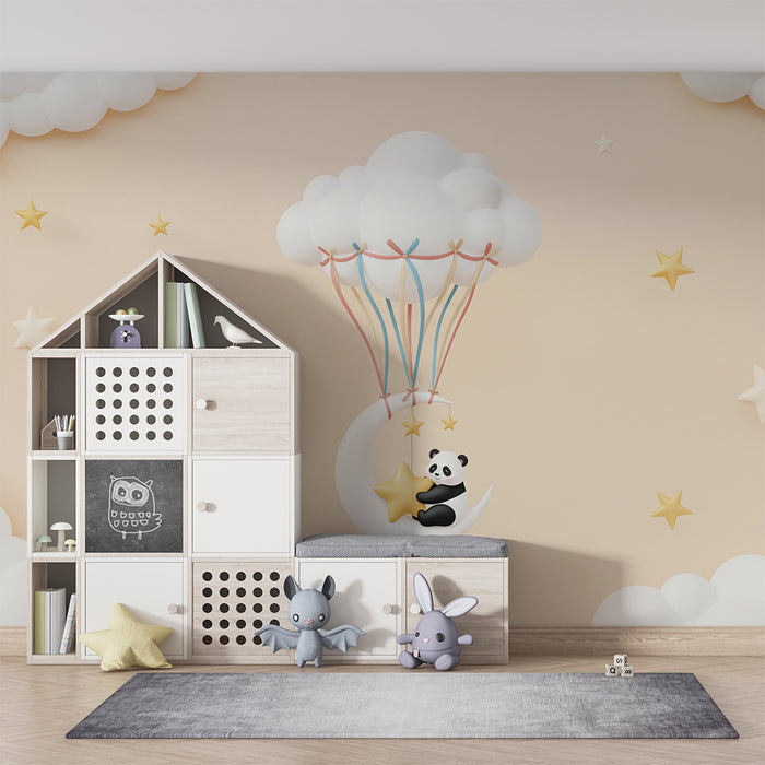 Papel de parede para quarto de bebé | Panda sonhador num céu estrelado com nuvens suaves