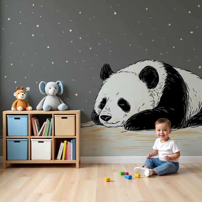 Papier peint chambre bébé | Panda rêveur endormi sous les étoiles