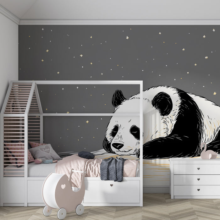 Papier peint chambre bébé | Panda rêveur endormi sous les étoiles