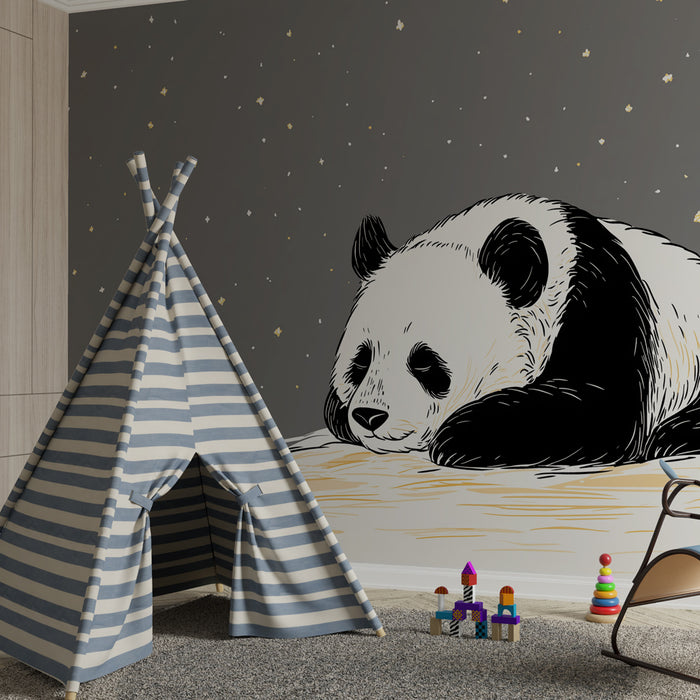 Papier peint chambre bébé | Panda rêveur endormi sous les étoiles