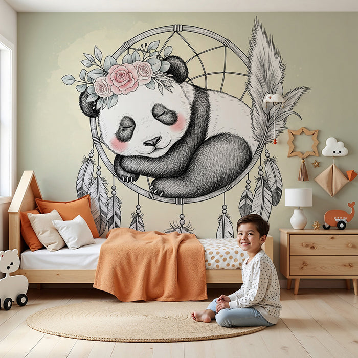Papier peint chambre bébé | Panda rêveur et attrape-rêves