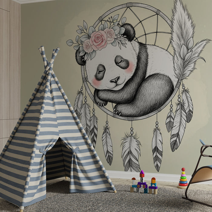 Papier peint chambre bébé | Panda rêveur et attrape-rêves