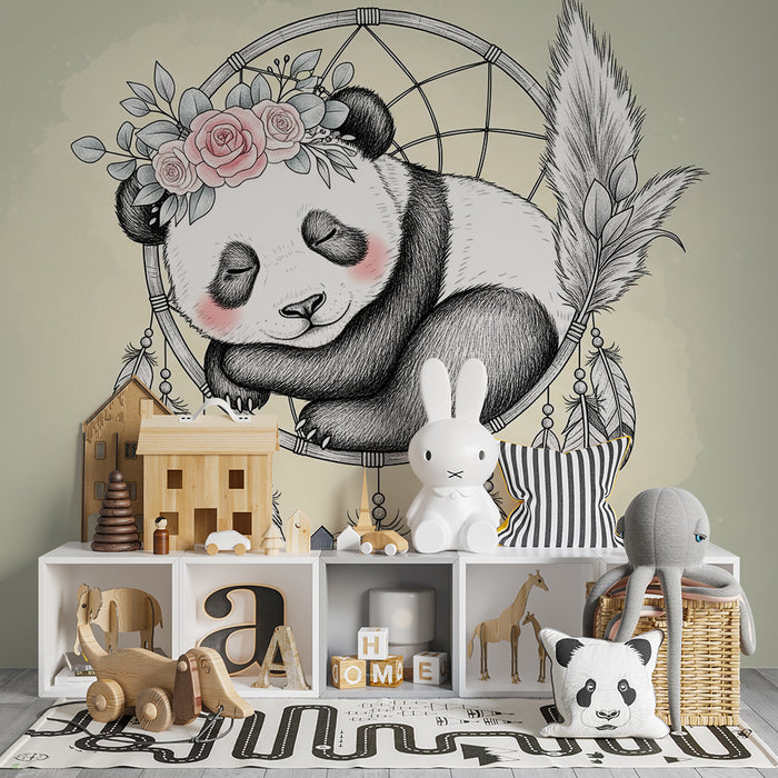 Papier peint chambre bébé | Panda rêveur et attrape-rêves