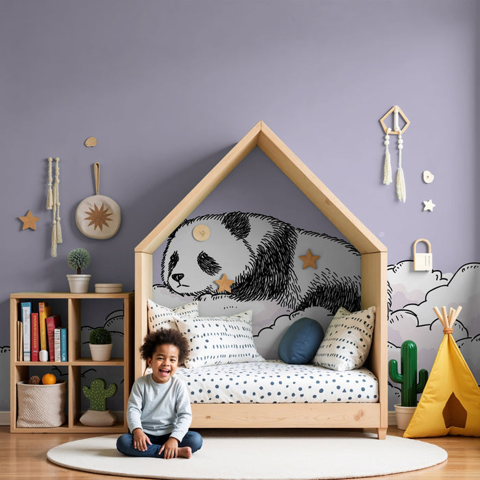 Papier peint chambre bébé | Panda rêveur et nuages cotonneux