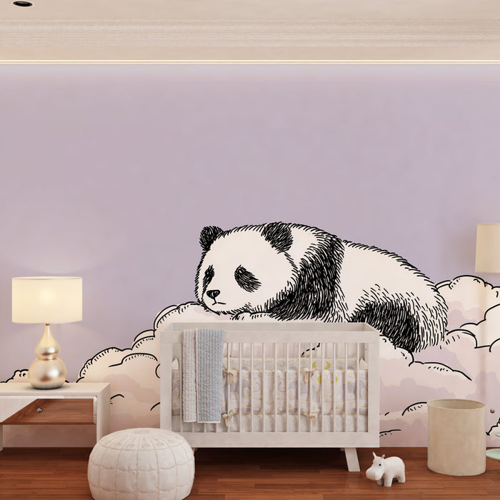 Papier peint chambre bébé | Panda rêveur et nuages cotonneux