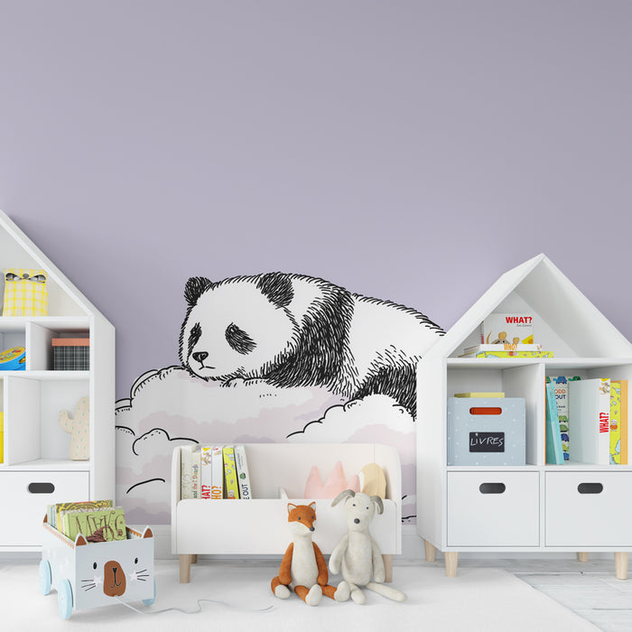 Papier peint chambre bébé | Panda rêveur et nuages cotonneux