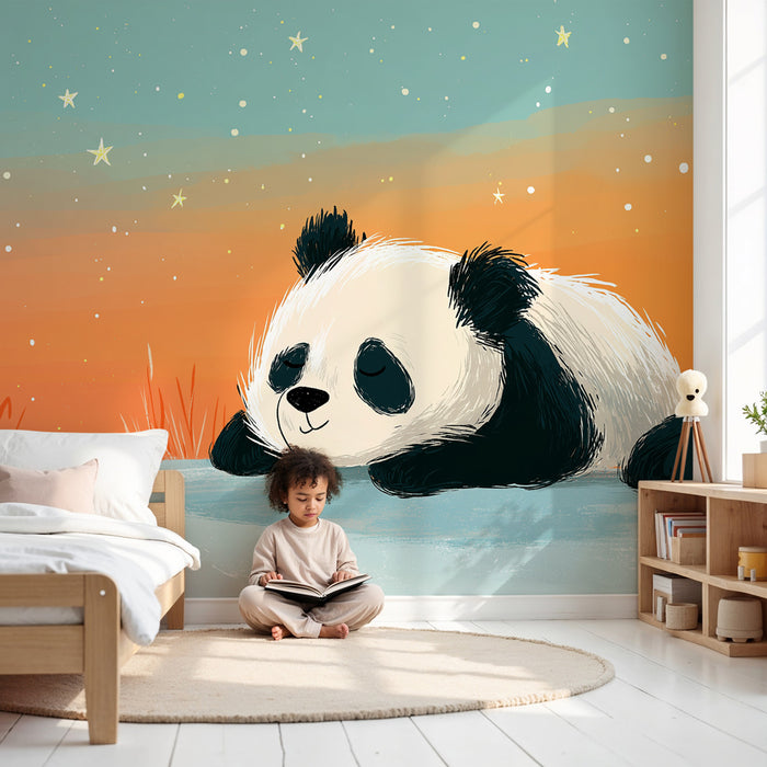 Papier peint chambre bébé | Panda rêveur sous les étoiles