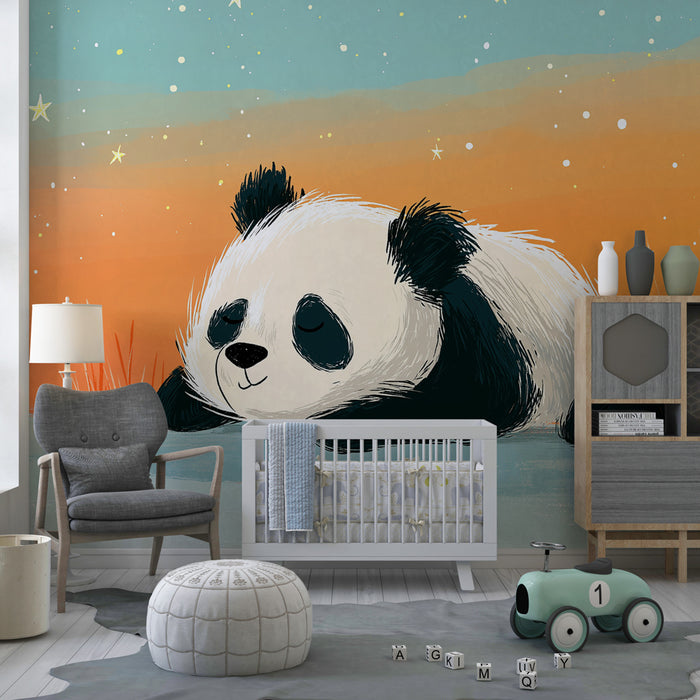 Papier peint chambre bébé | Panda rêveur sous les étoiles