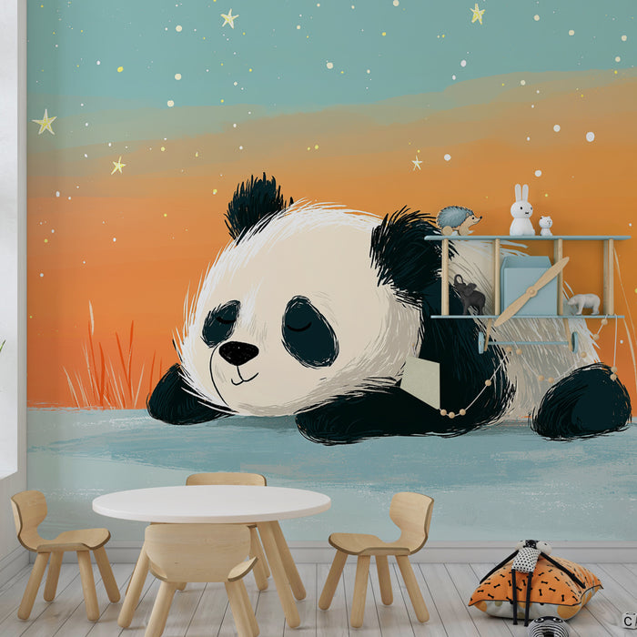 Papier peint chambre bébé | Panda rêveur sous les étoiles
