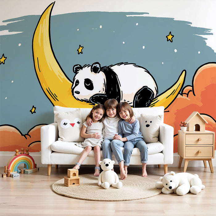 Papel de parede quarto bebê | Panda sonhador em um croissant de lua