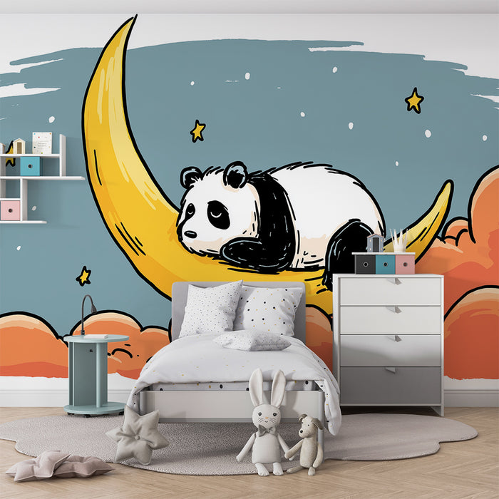 Papel de parede quarto bebê | Panda sonhador em um croissant de lua