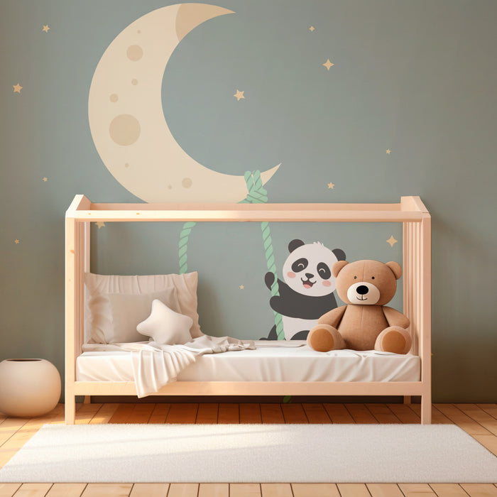 Babyzimmer Tapete | Träumender Panda, der am Mond hängt