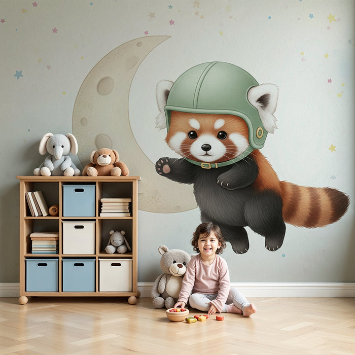Papier peint chambre bébé | Panda roux astronaute et lune douce